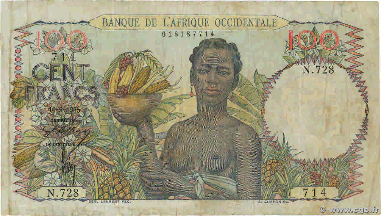 100 Francs FRENCH WEST AFRICA  1945 P.40 MBC