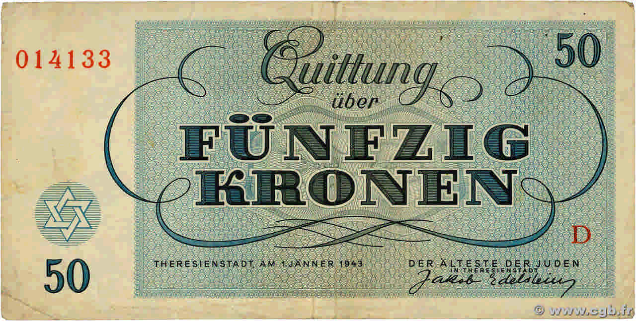 50 Kronen ISRAELE Terezin / Theresienstadt 1943 WW II.706 q.BB