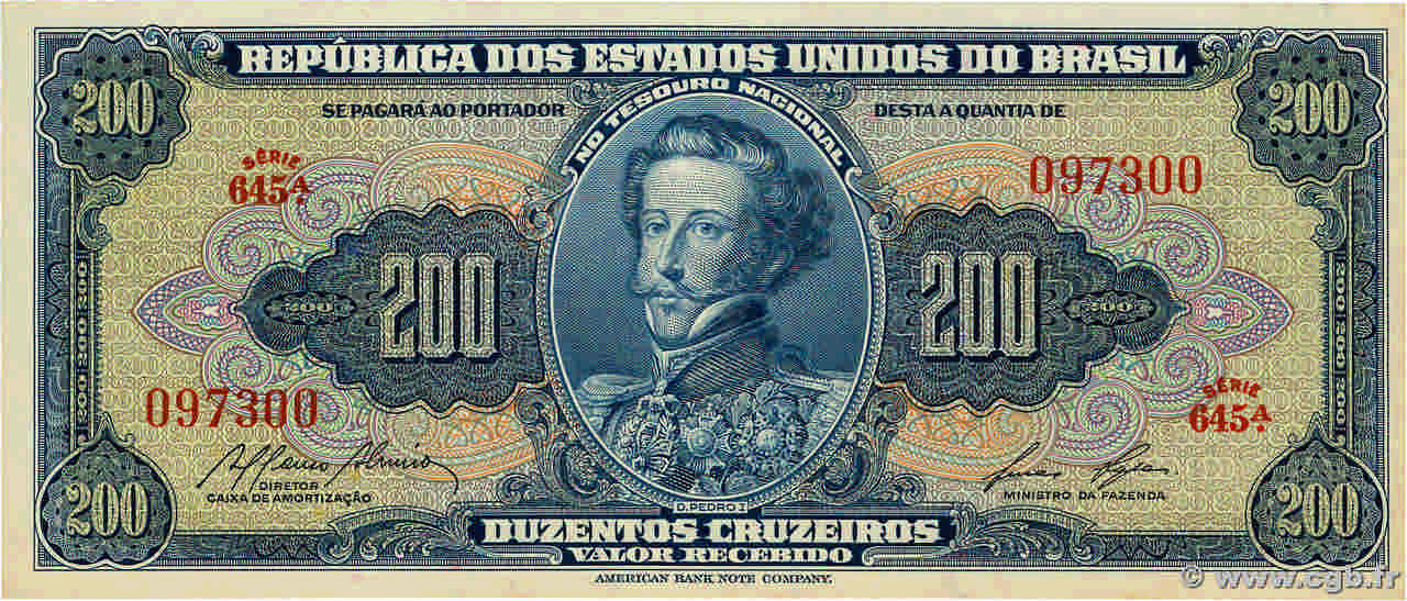 200 Cruzeiros BRAZIL  1955 P.154c XF+