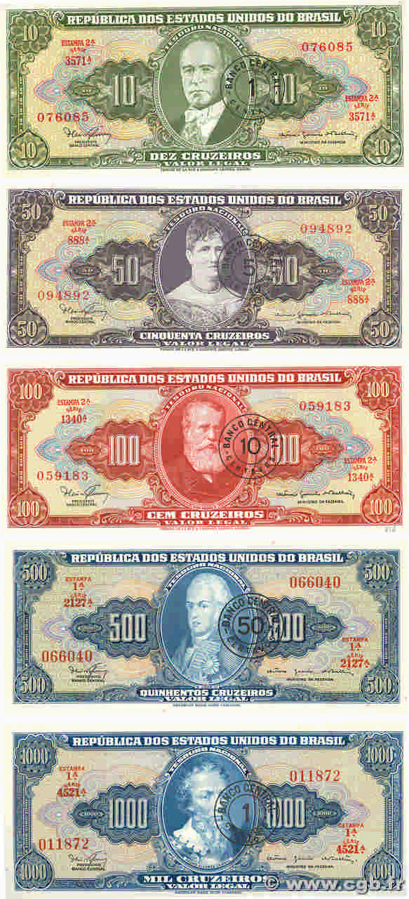 1, 5, 10, 50 Centavos et 1 Cruzeiro sur 10, 50, 100,500 et 1000 Cruzeiros Lot BRÉSIL  1966 P.183 à p.187 NEUF