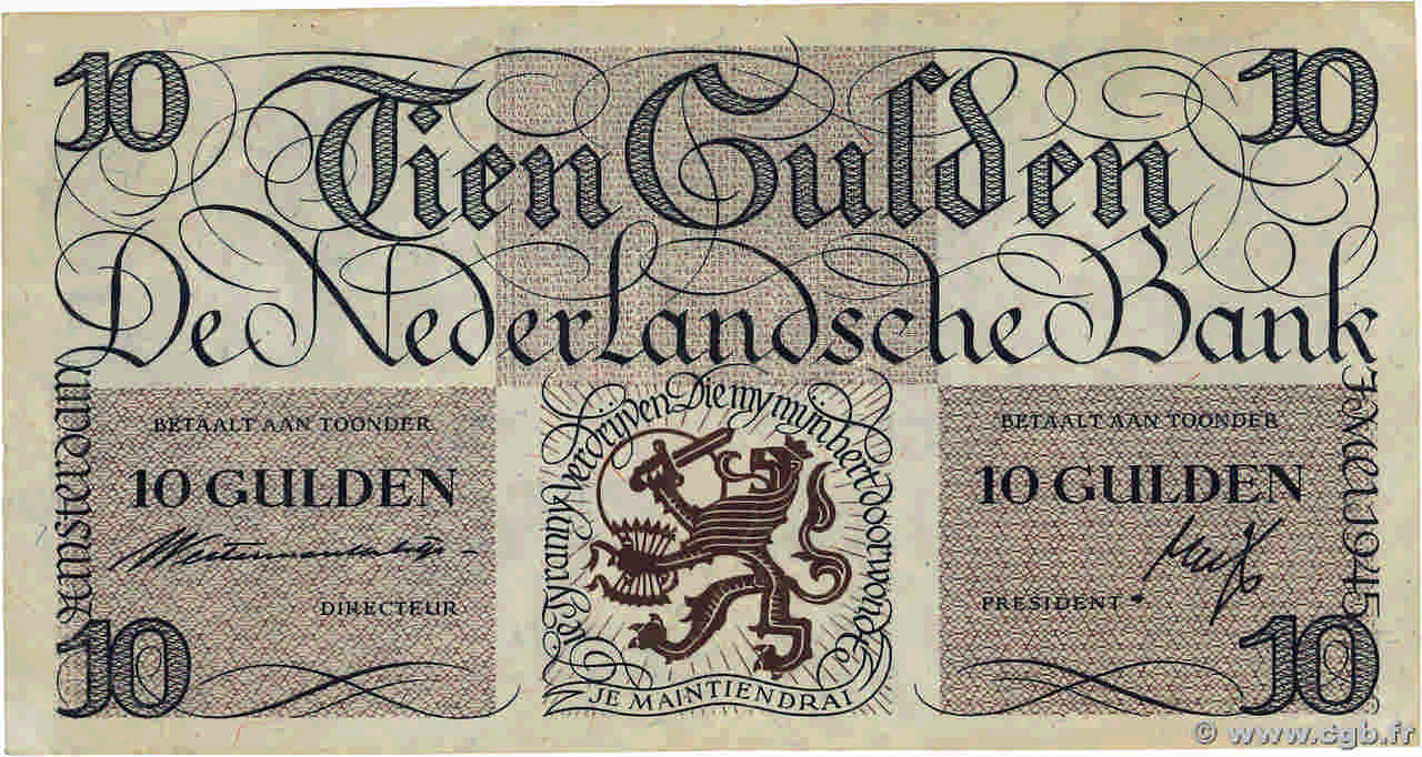 10 Gulden PAíSES BAJOS  1945 P.074 MBC