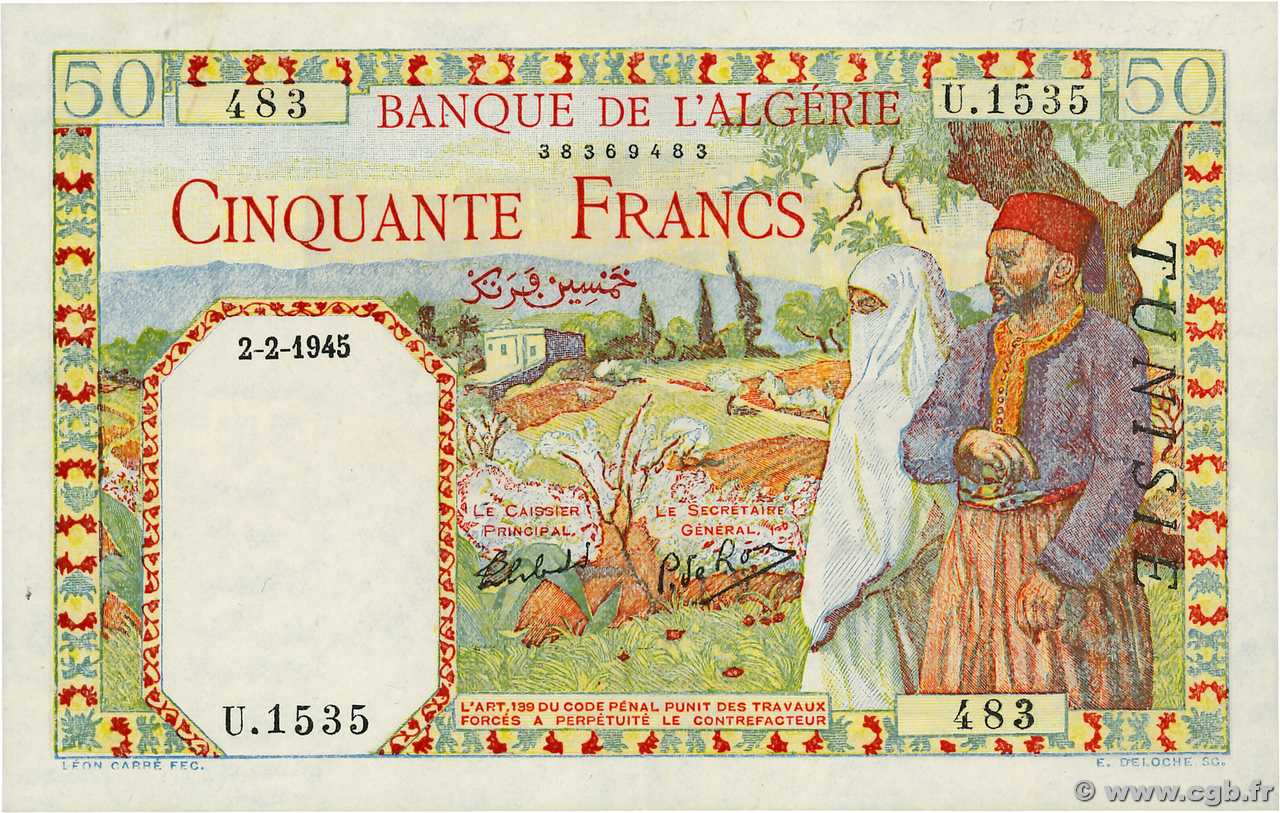 50 Francs TUNISIA  1945 P.12b XF+