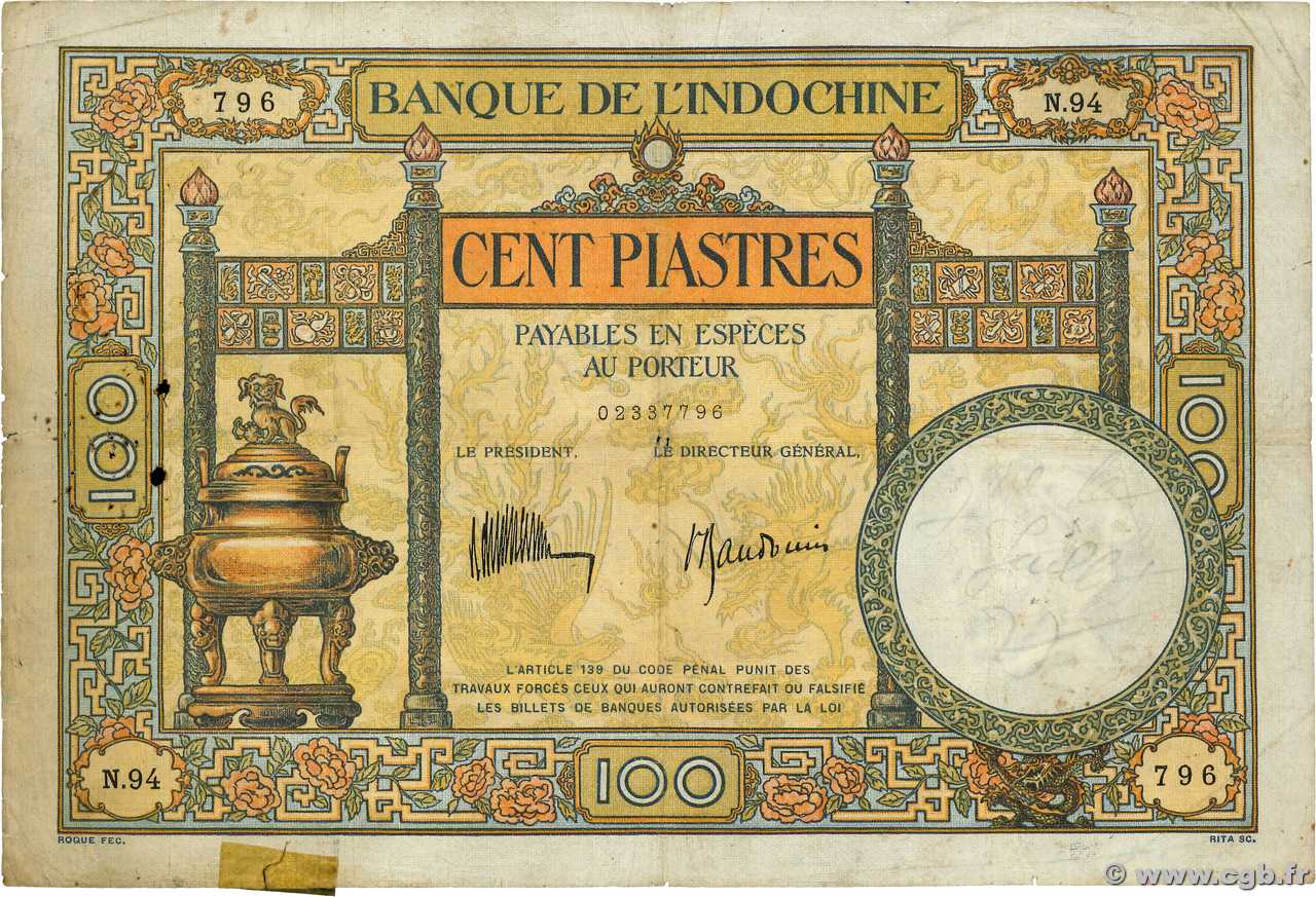 100 Piastres FRENCH INDOCHINA  1932 P.051c F