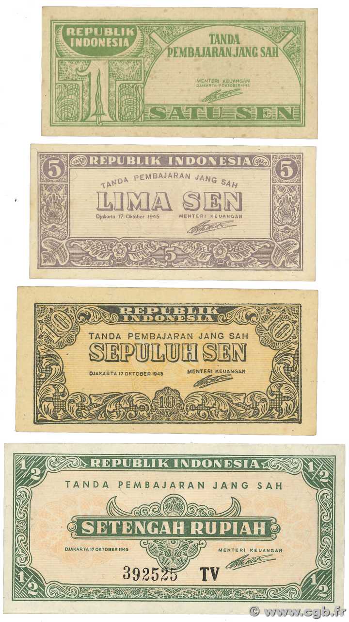 1 5  10 Sen et 1/2 Rupiah Lot INDONESIA  1945 P.013 au P.016 SC+