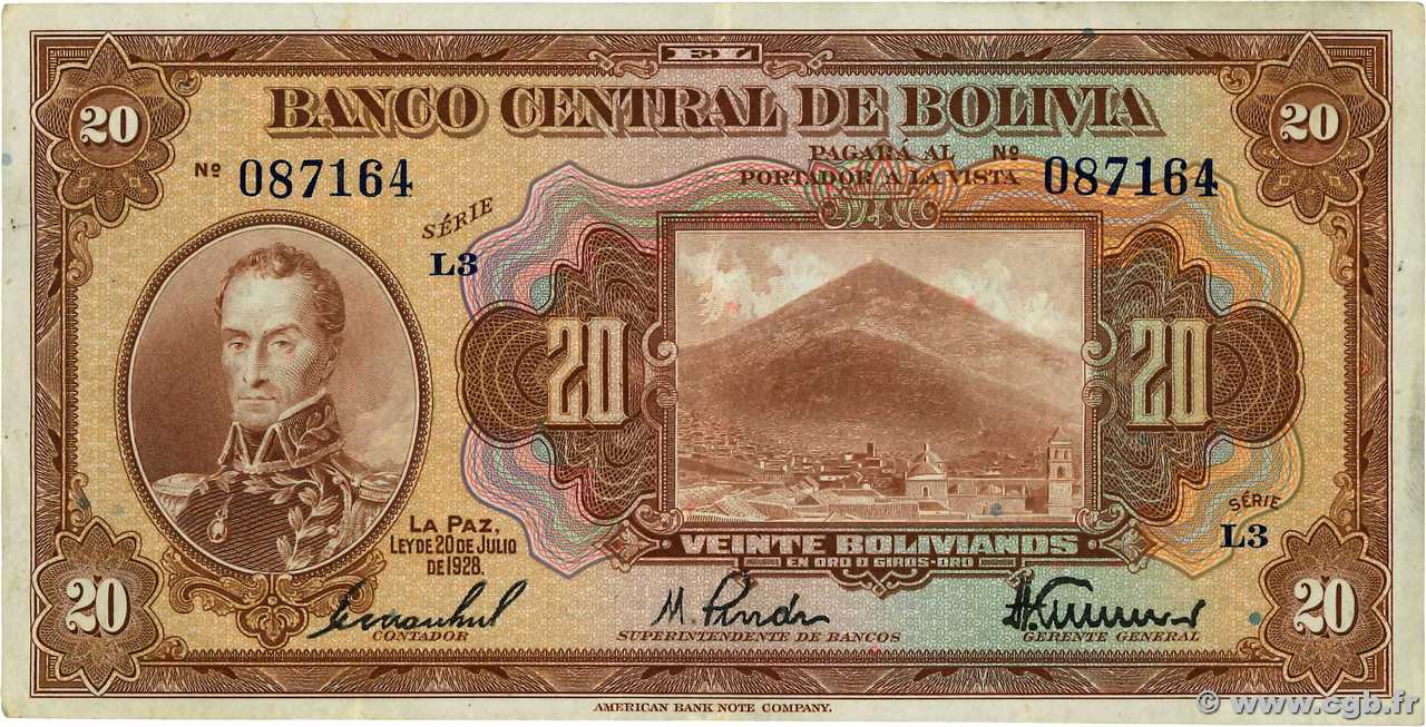 20 Bolivianos BOLIVIE  1928 P.122a TTB