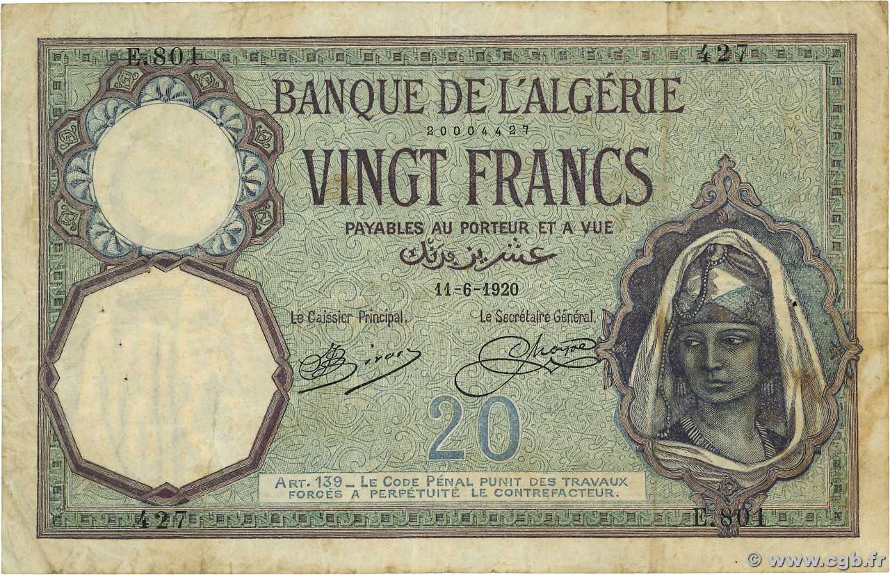 20 Francs ALGÉRIE  1920 P.078a TB