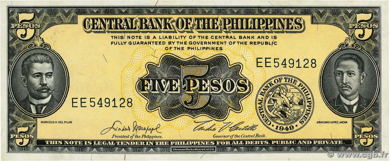 5 Pesos FILIPINAS  1949 P.135e FDC