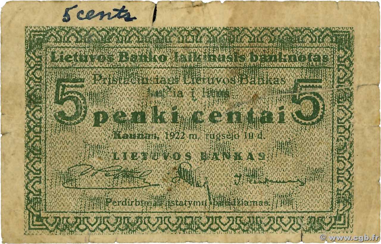 5 Centai LITHUANIA  1922 P.02a F-