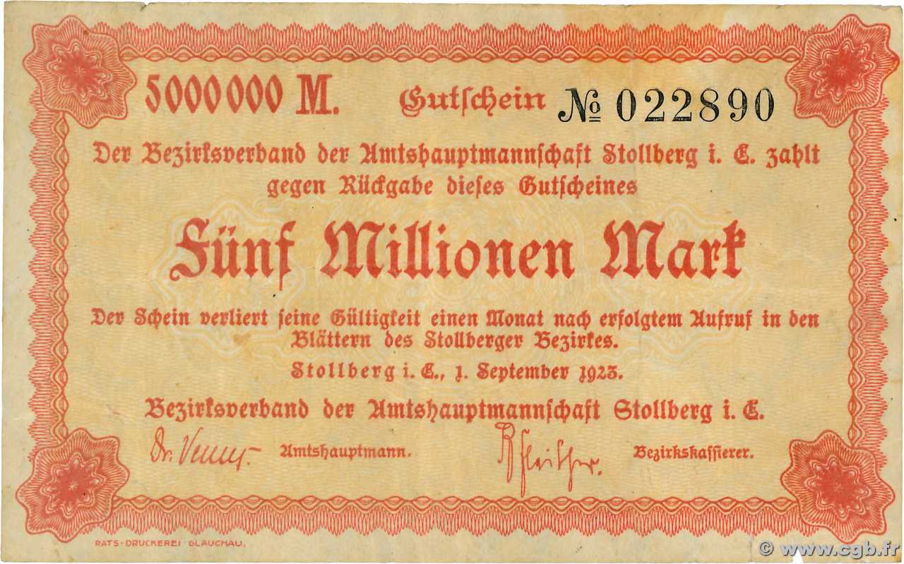 5 Millions Mark ALLEMAGNE Stollberg 1923  TTB