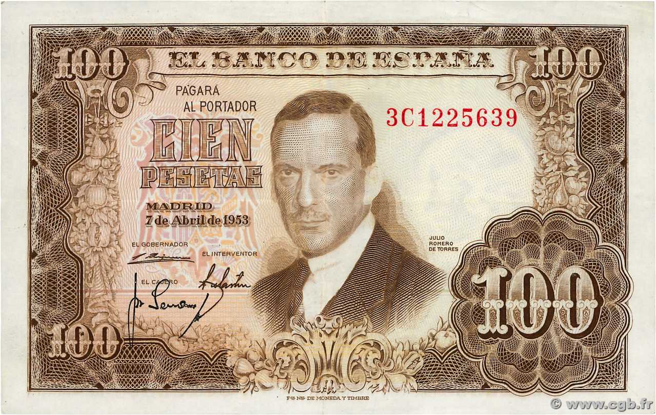 100 Pesetas ESPAGNE  1953 P.145 TTB