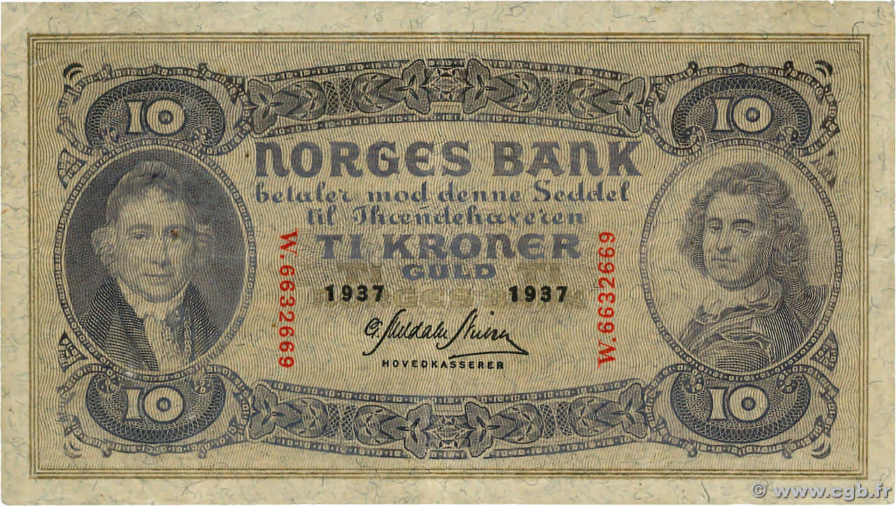 10 Kroner NORVÈGE  1937 P.08c TTB