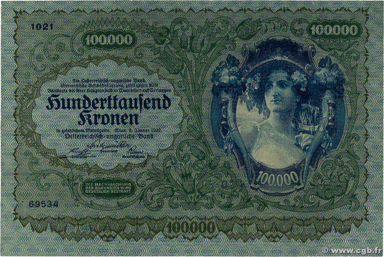 100000 Kronen AUSTRIA  1922 P.081 VF