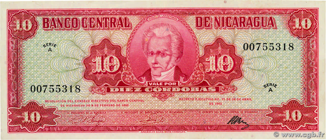 10 Cordobas NICARAGUA  1962 P.109 XF+