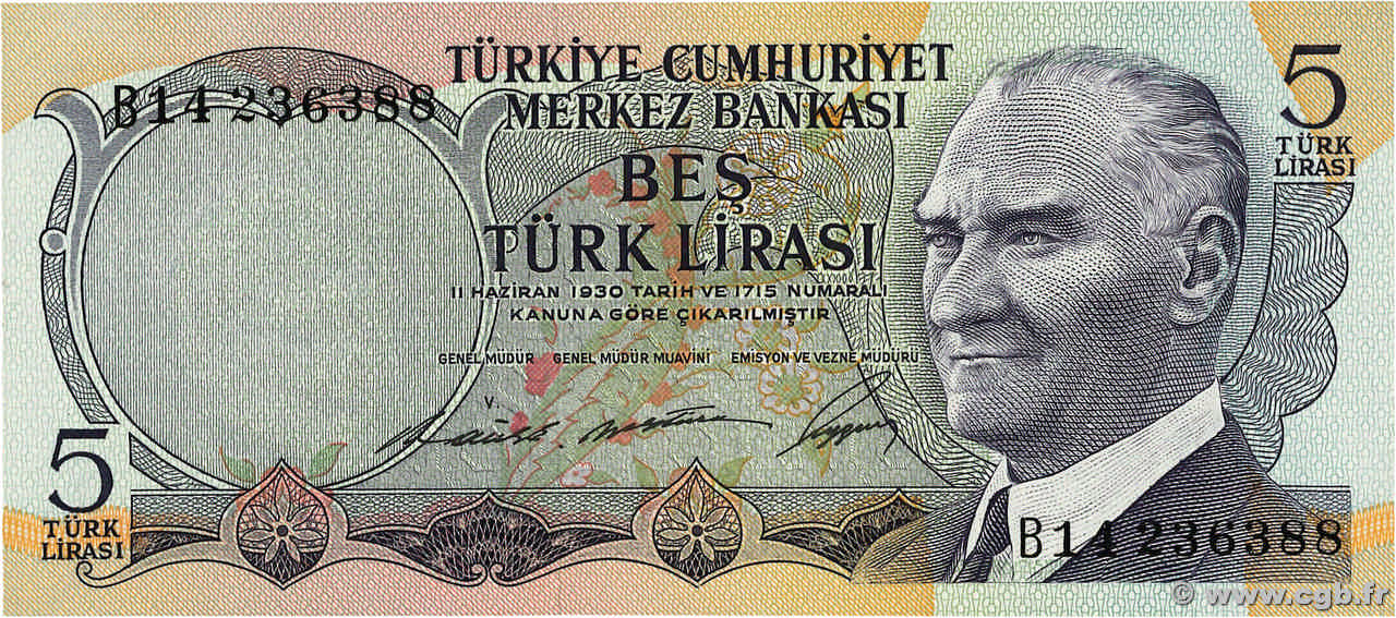 5 Lira TURQUIE  1968 P.179 NEUF