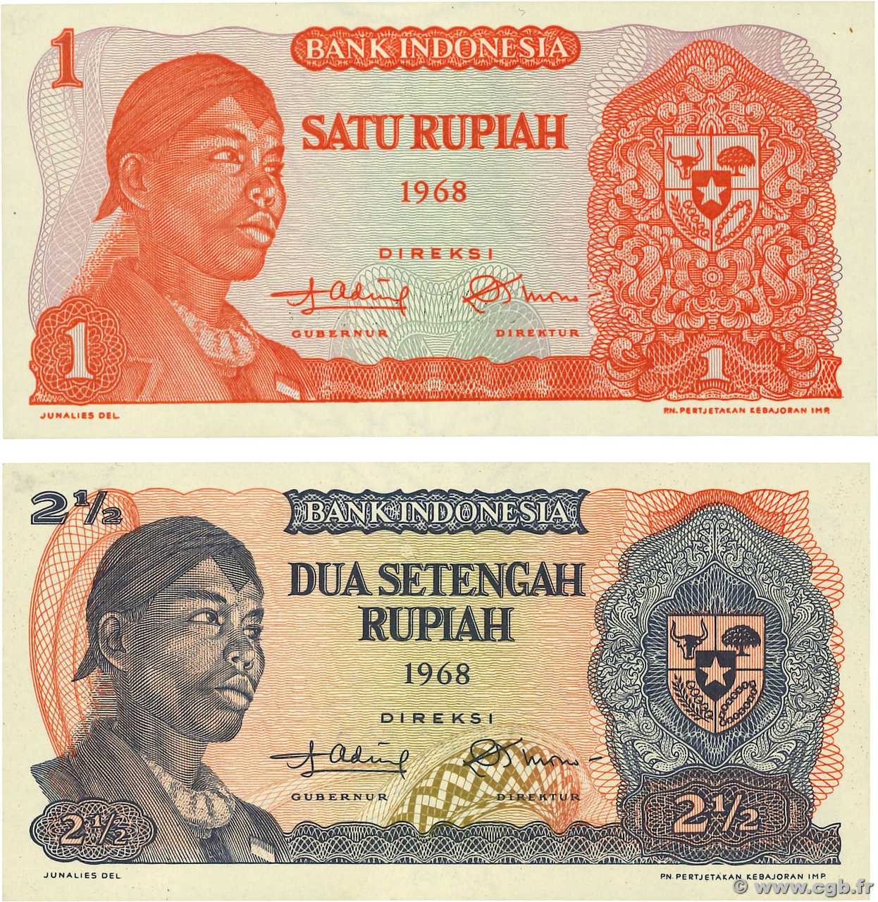 1 et 2,5 Rupiah Lot INDONESIA  1968 P.102 et 103 FDC