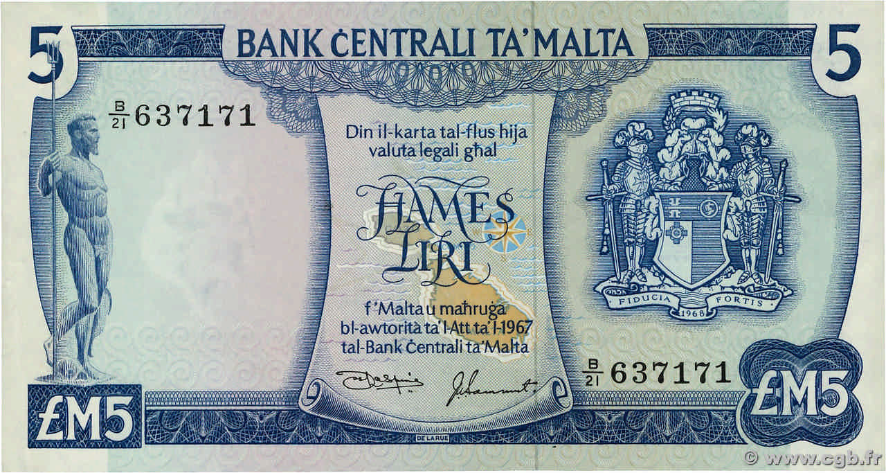 5 Liri MALTA  1973 P.32c XF