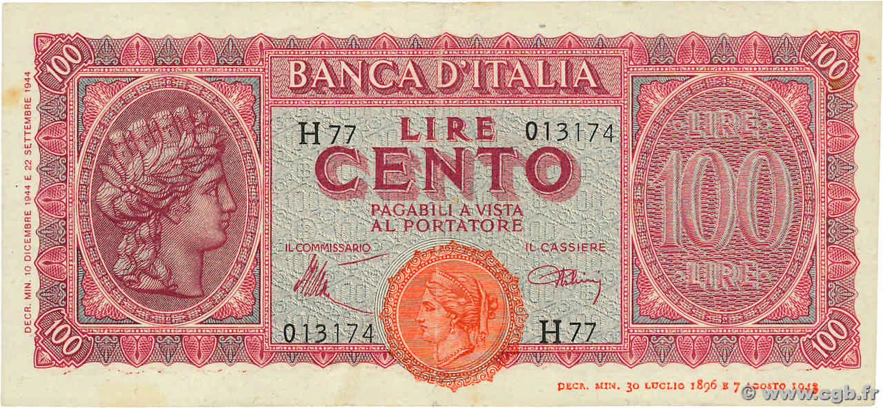 100 Lire ITALIE  1944 P.075a TTB+