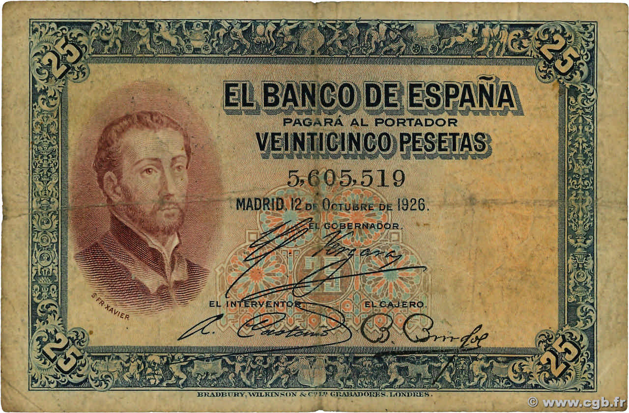 25 Pesetas ESPAGNE  1926 P.071a TB