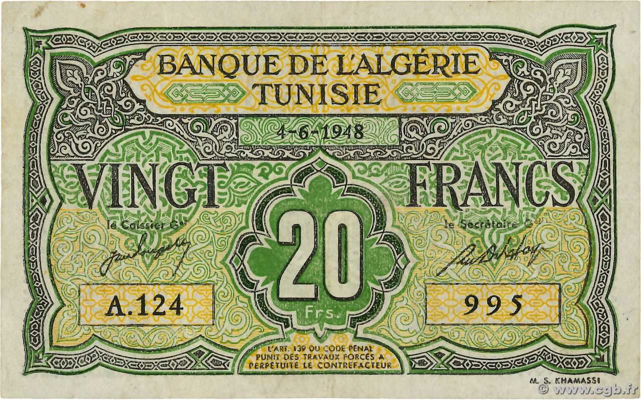 20 Francs TUNESIEN  1948 P.22 SS