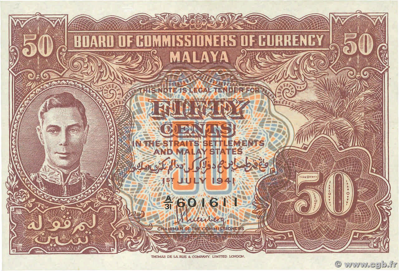 50 Cents MALAYA  1941 P.10b SC