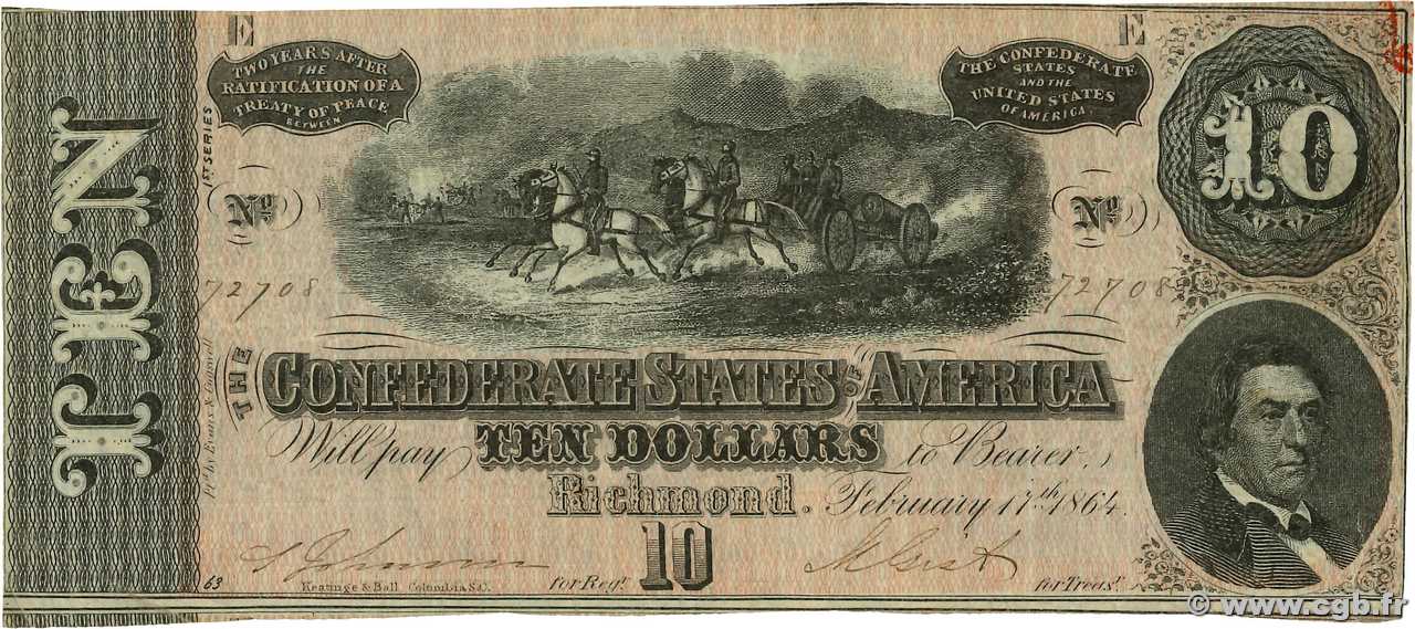 10 Dollars ESTADOS CONFEDERADOS DE AMÉRICA Richmond 1864 P.68 BC