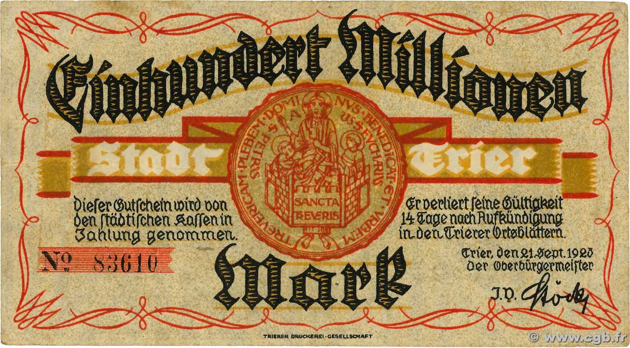 100 Million Mark ALLEMAGNE Trier - Trèves 1923  TTB