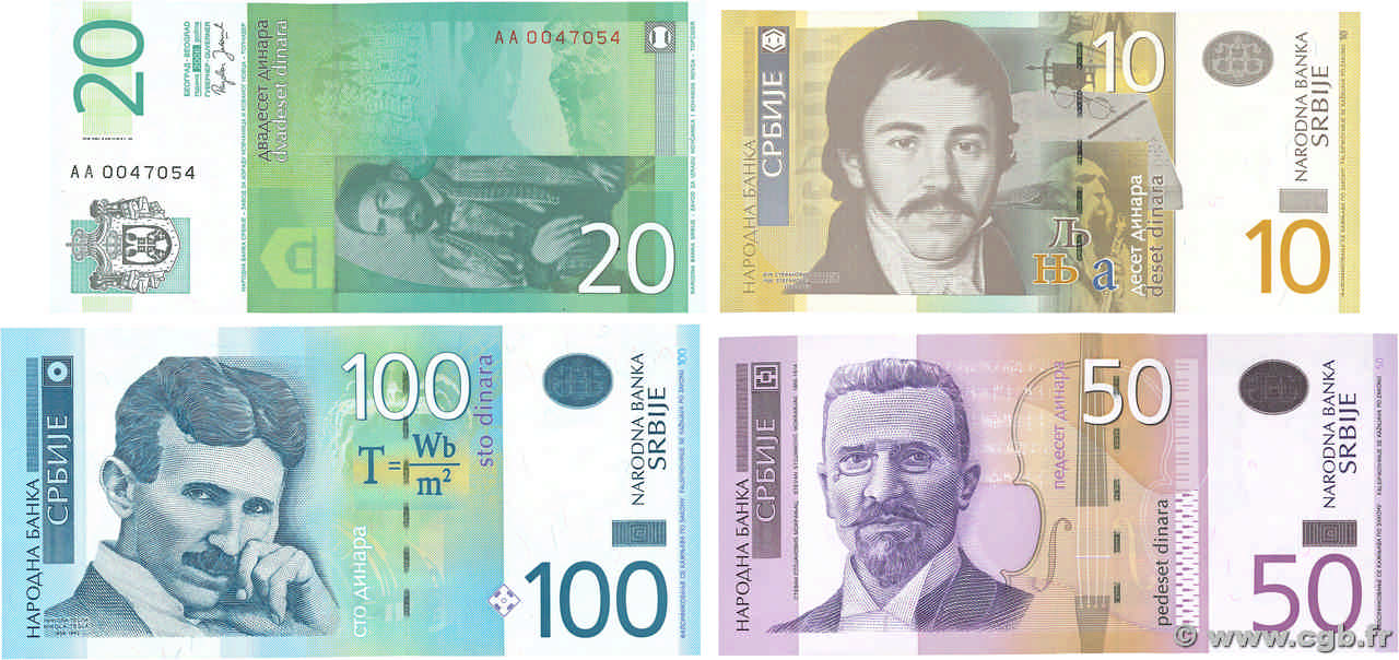 10 au 100 Dinara Lot SERBIA  2005 P.40a, P.47a, P.49a et P.54a AU+