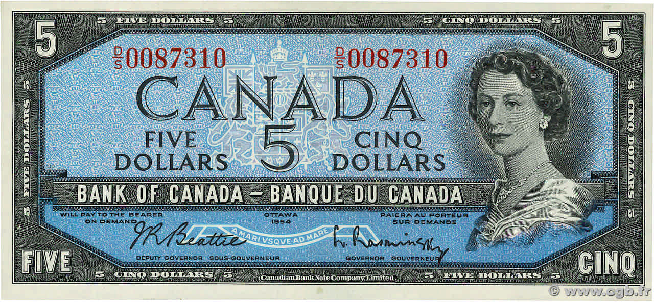 5 Dollars CANADA  1954 P.077b SPL