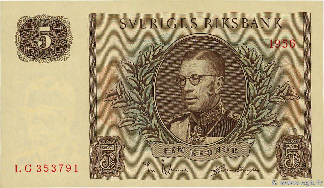 5 Kronor SUÈDE  1956 P.42c pr.NEUF