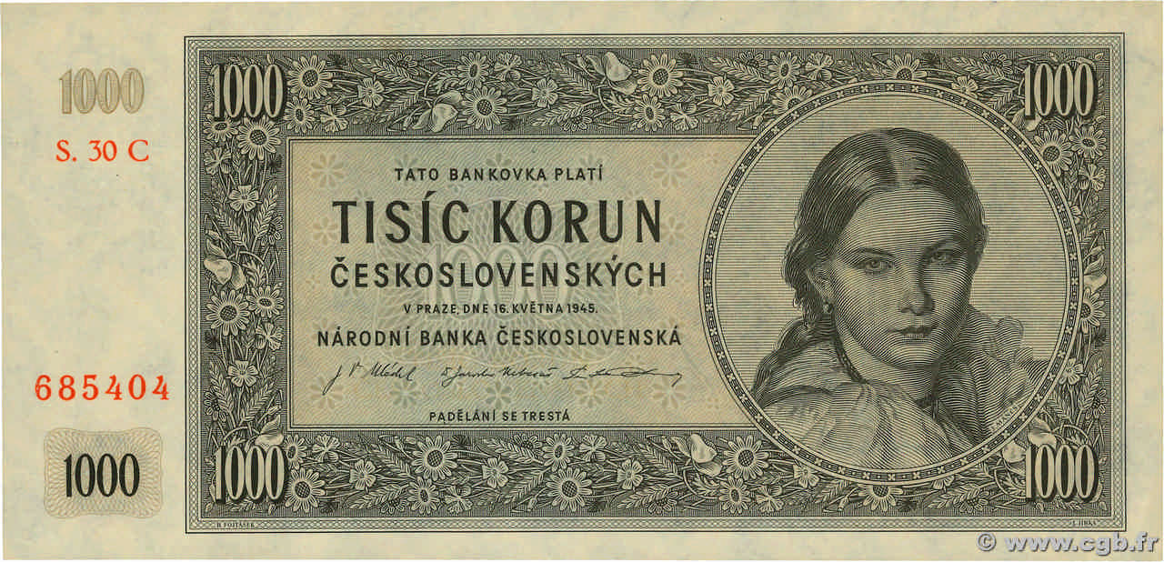 1000 Korun TCHÉCOSLOVAQUIE  1945 P.074c pr.NEUF