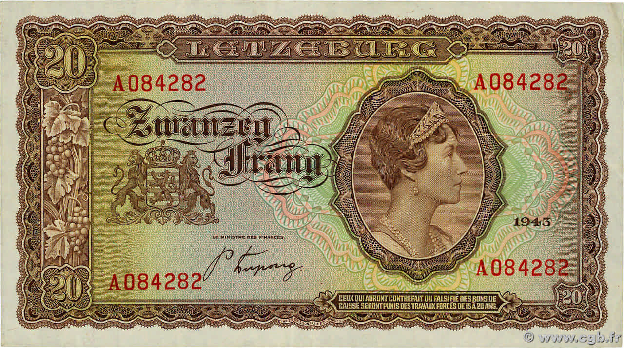 20 Frang LUXEMBOURG  1943 P.42a SUP