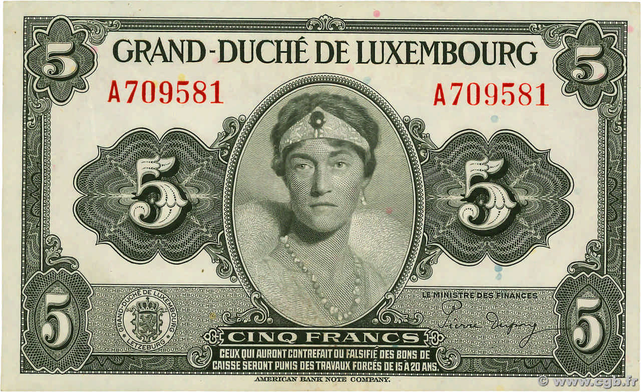 5 Francs LUXEMBOURG  1944 P.43b TTB+