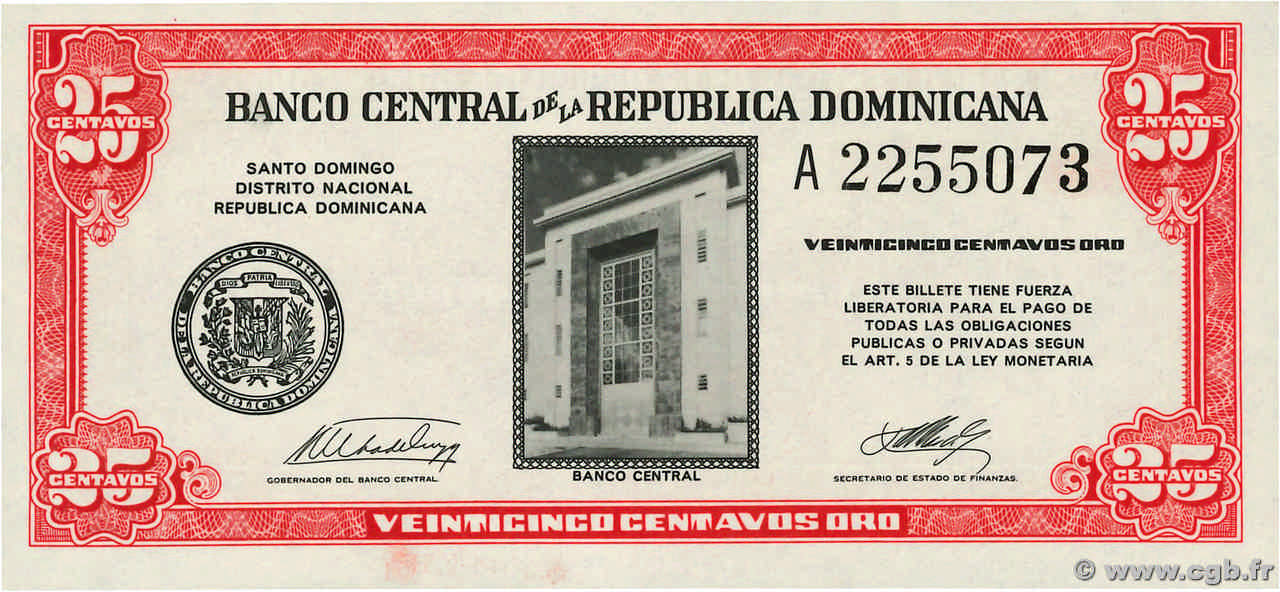 25 Centavos Oro RÉPUBLIQUE DOMINICAINE  1961 P.087a NEUF