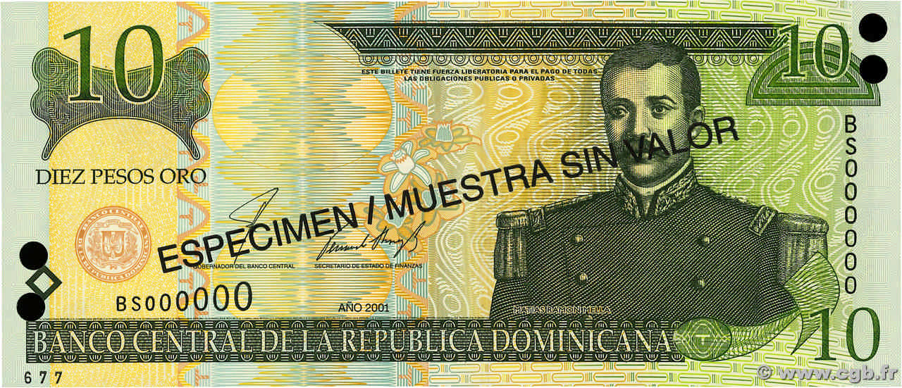 10 Pesos Oro Spécimen RÉPUBLIQUE DOMINICAINE  2001 P.168s1 UNC