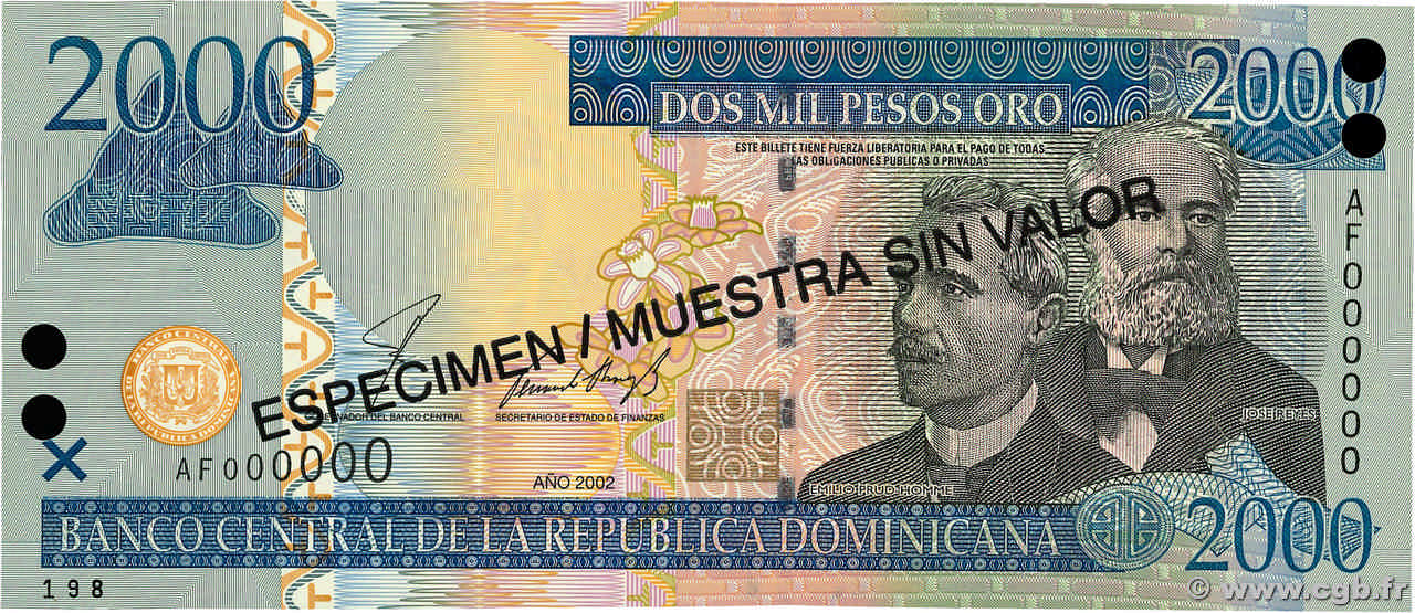 2000 Pesos Oro Spécimen RÉPUBLIQUE DOMINICAINE  2002 P.174s1 NEUF