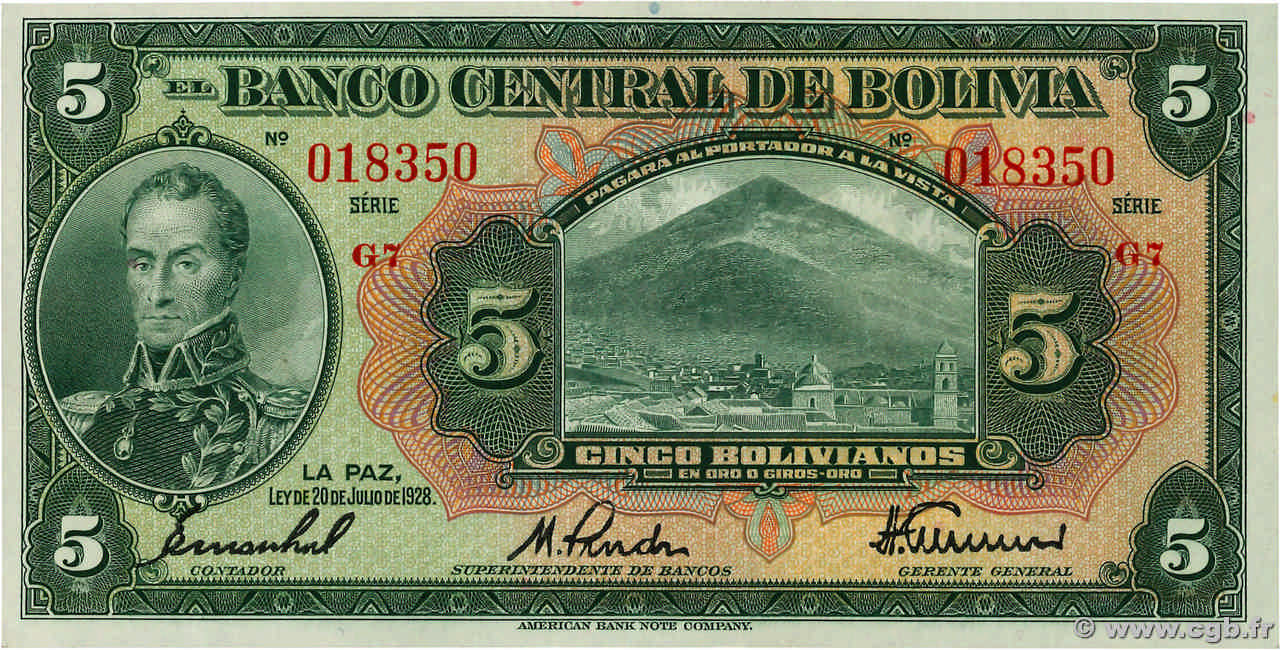 5 Bolivianos BOLIVIE  1928 P.120a SPL