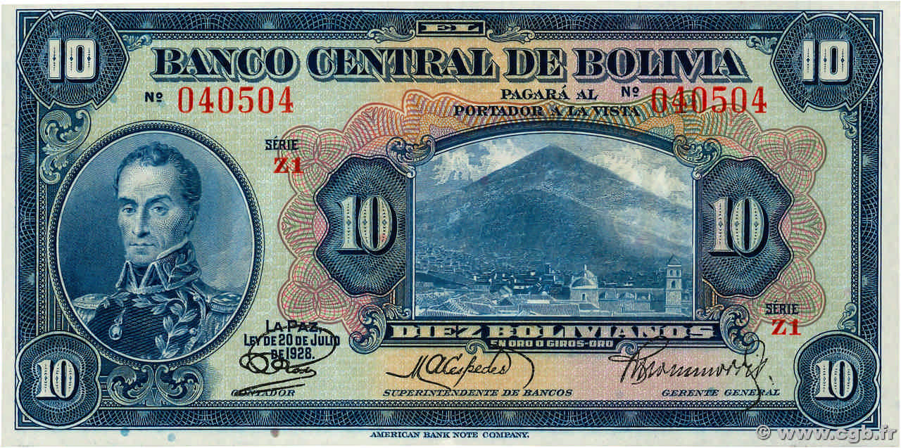 10 Bolivianos BOLIVIE  1928 P.121a SPL