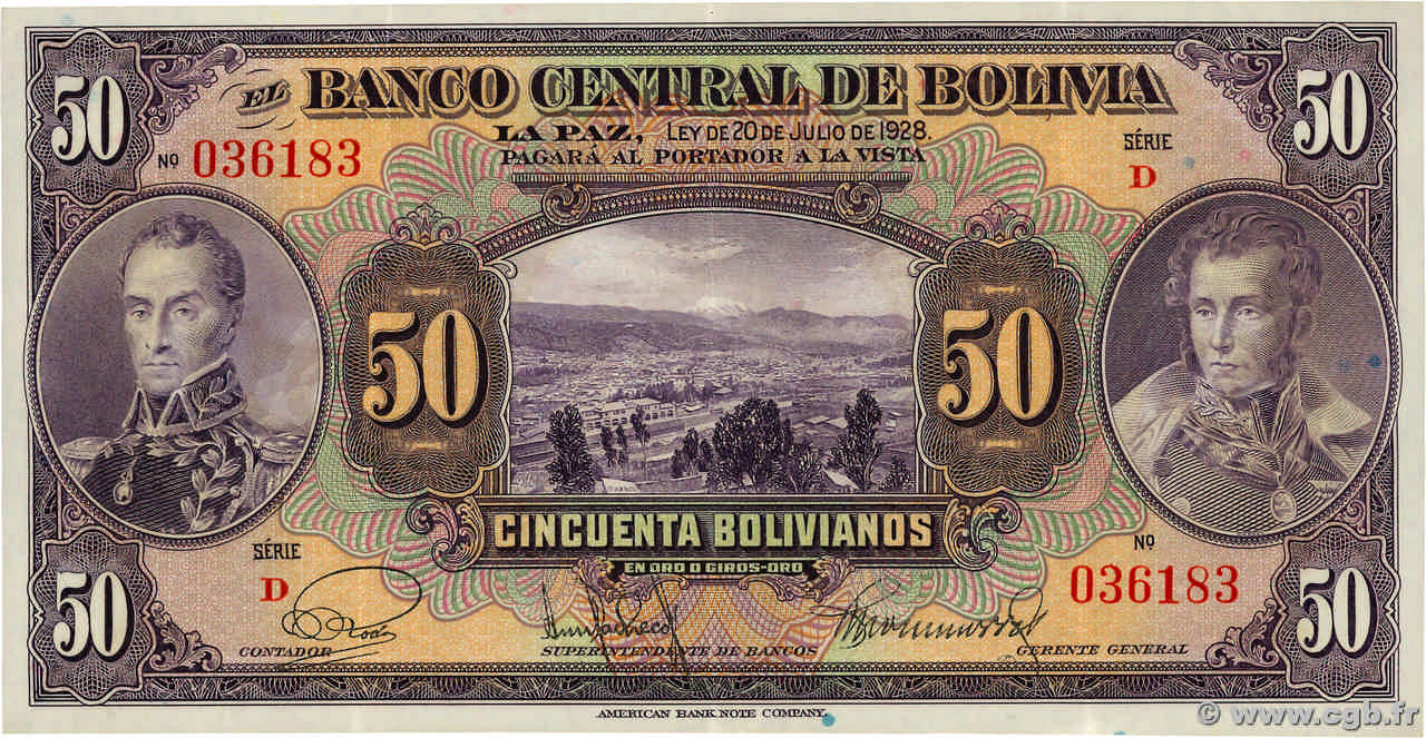 50 Bolivianos BOLIVIE  1928 P.123a SUP