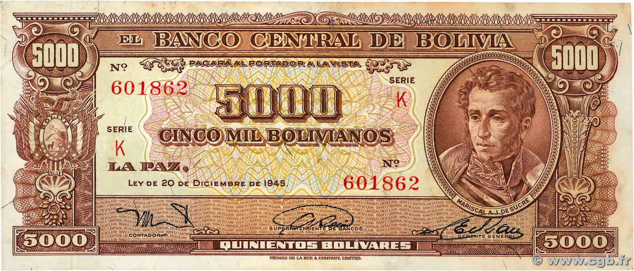 5000 Bolivianos BOLIVIE  1945 P.150 SUP