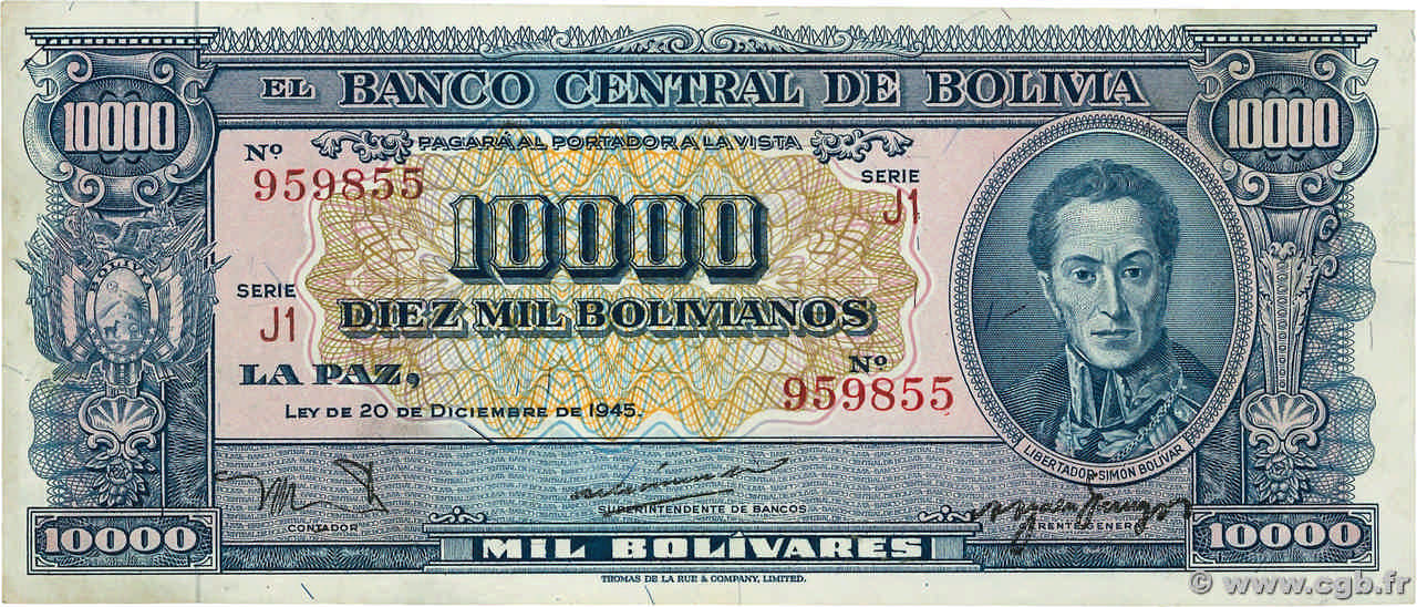 10000 Bolivianos BOLIVIEN  1945 P.151 SS
