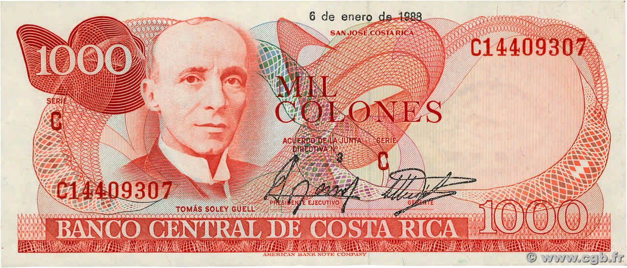 1000 Colones COSTA RICA  1988 P.256d TTB