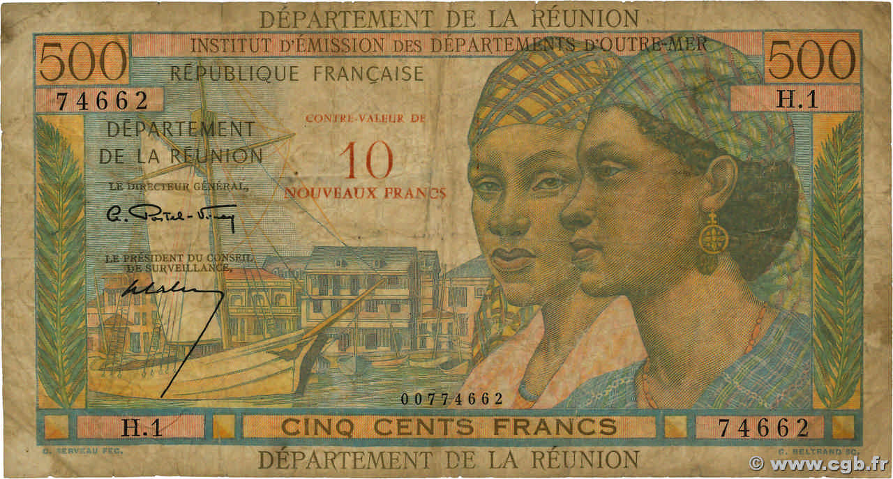 10 NF sur 500 Francs Pointe à Pitre REUNION ISLAND  1964 P.54a VG
