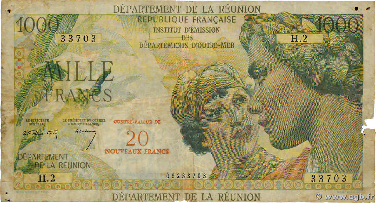 20 NF sur 1000 Francs Union Française REUNION INSEL  1967 P.55a fS