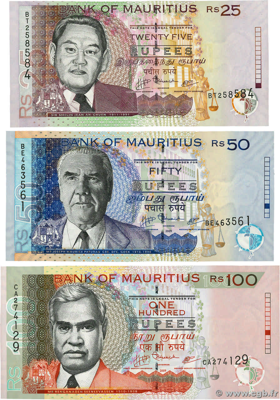 25  50  et  100 Rupees Lot ISOLE MAURIZIE  2009 P.49d P.50e P.56c FDC