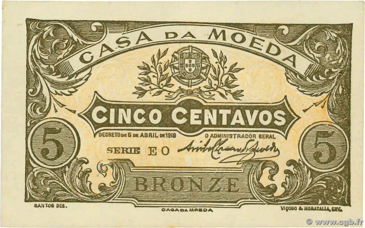 5 Centavos PORTUGAL  1918 P.099 SC+