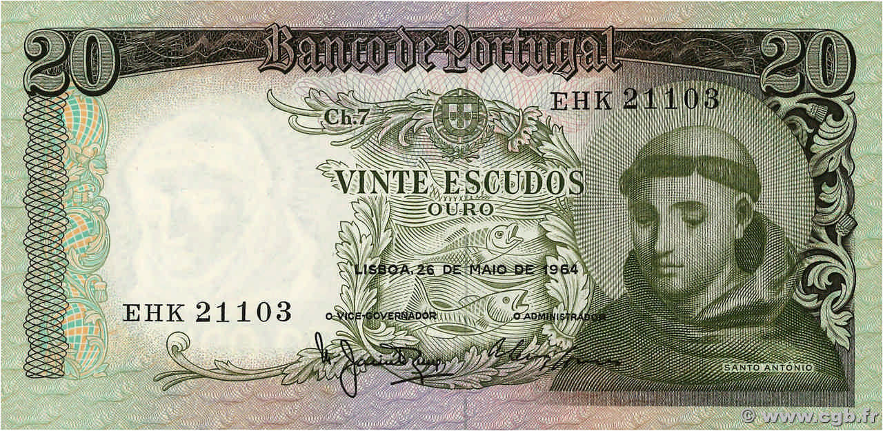 20 Escudos PORTUGAL  1964 P.167b pr.NEUF