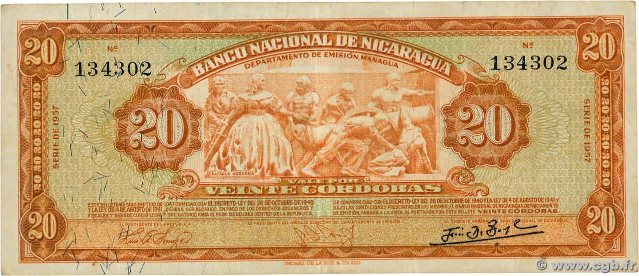 20 Cordobas NICARAGUA  1957 P.102a TTB