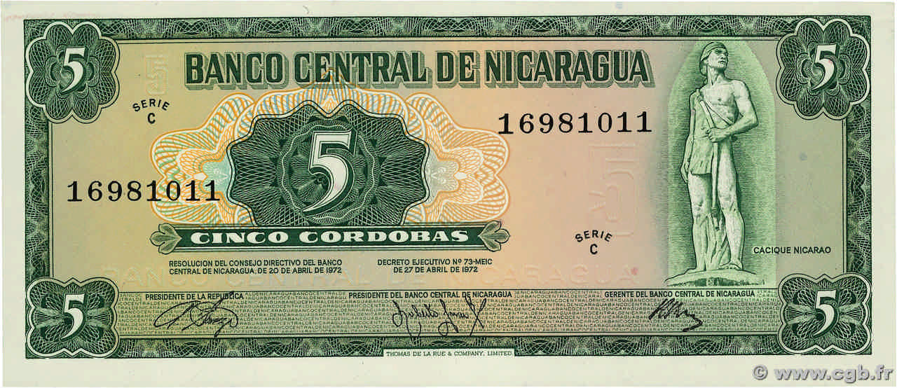 5 Cordobas NIKARAGUA  1972 P.122 fST+