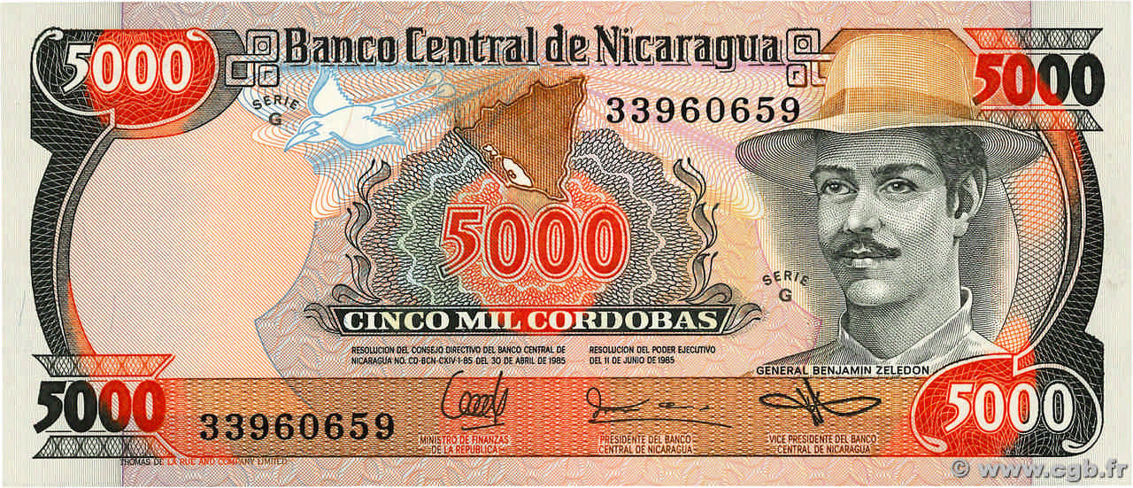 5000 Cordobas NICARAGUA  1987 P.146 UNC