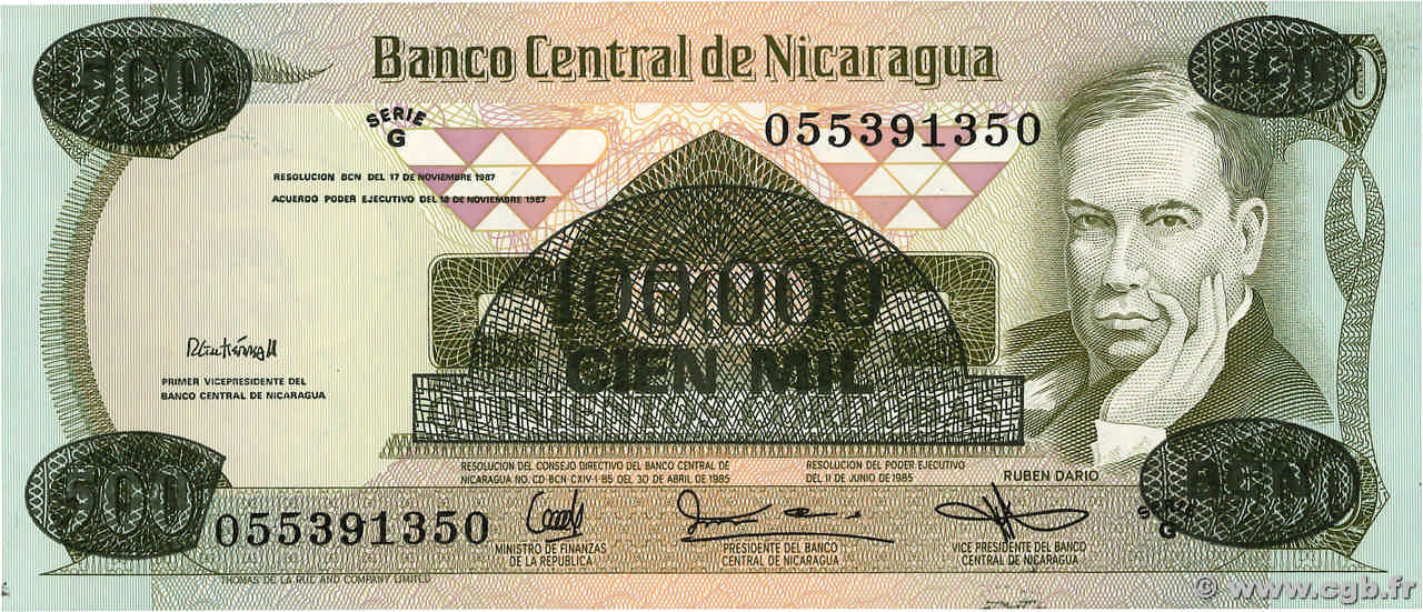 100000 Cordobas sur 500 Cordobas NICARAGUA  1987 P.149 NEUF
